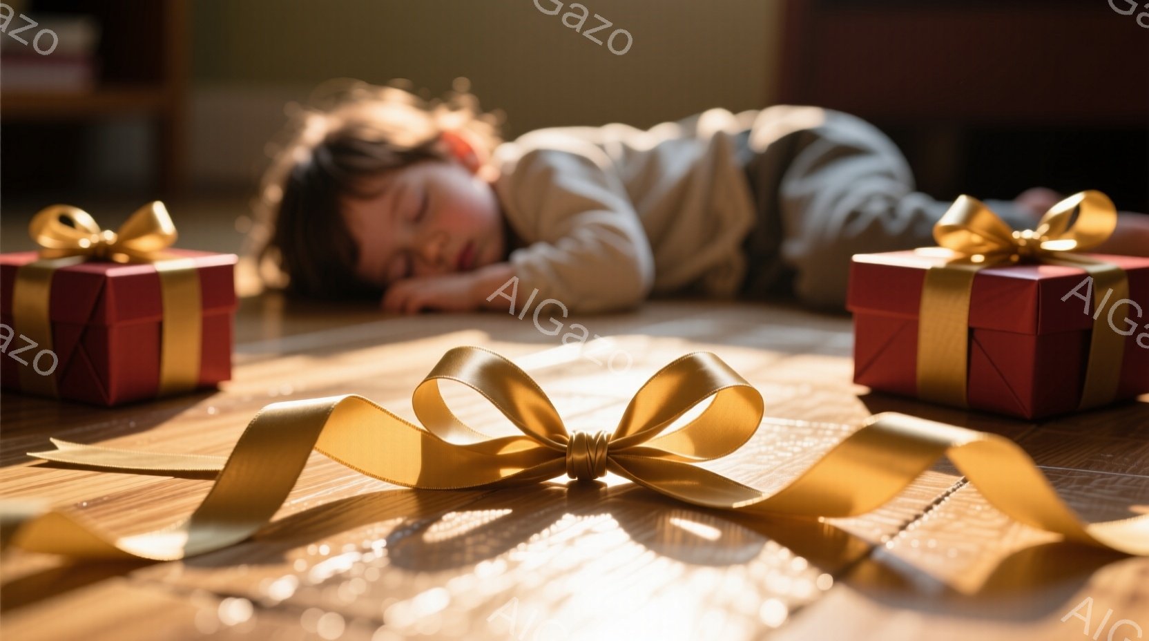 暖かい色のフローリングの上に、赤いギフトボックスが二つと金色のリボンが置かれています。ギフトボックスの近くには、金髪の幼い女の子がうつ伏せになり、眠っている様子が写っています。全体的に、安らぎと温かさを感じさせる、心地よい雰囲気です。