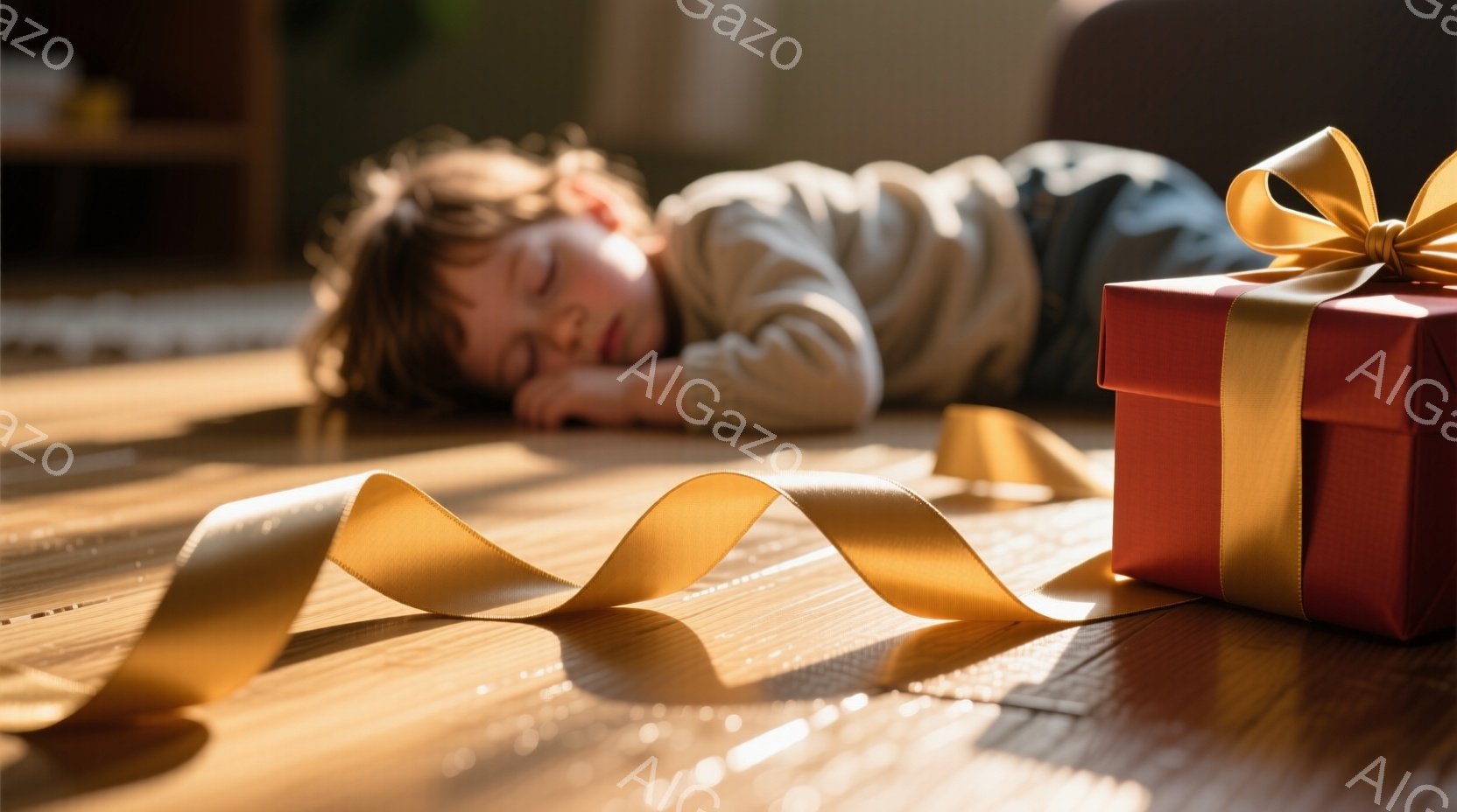 暖かな日差しが差し込むフローリングの上に、幼い男の子がうつ伏せで眠っています。男の子はグレーの長袖シャツを着ており、巻き毛の髪が床に広がっています。赤色のギフトボックスと金色のリボンが男の子の横に置か - AI生成フリー素材