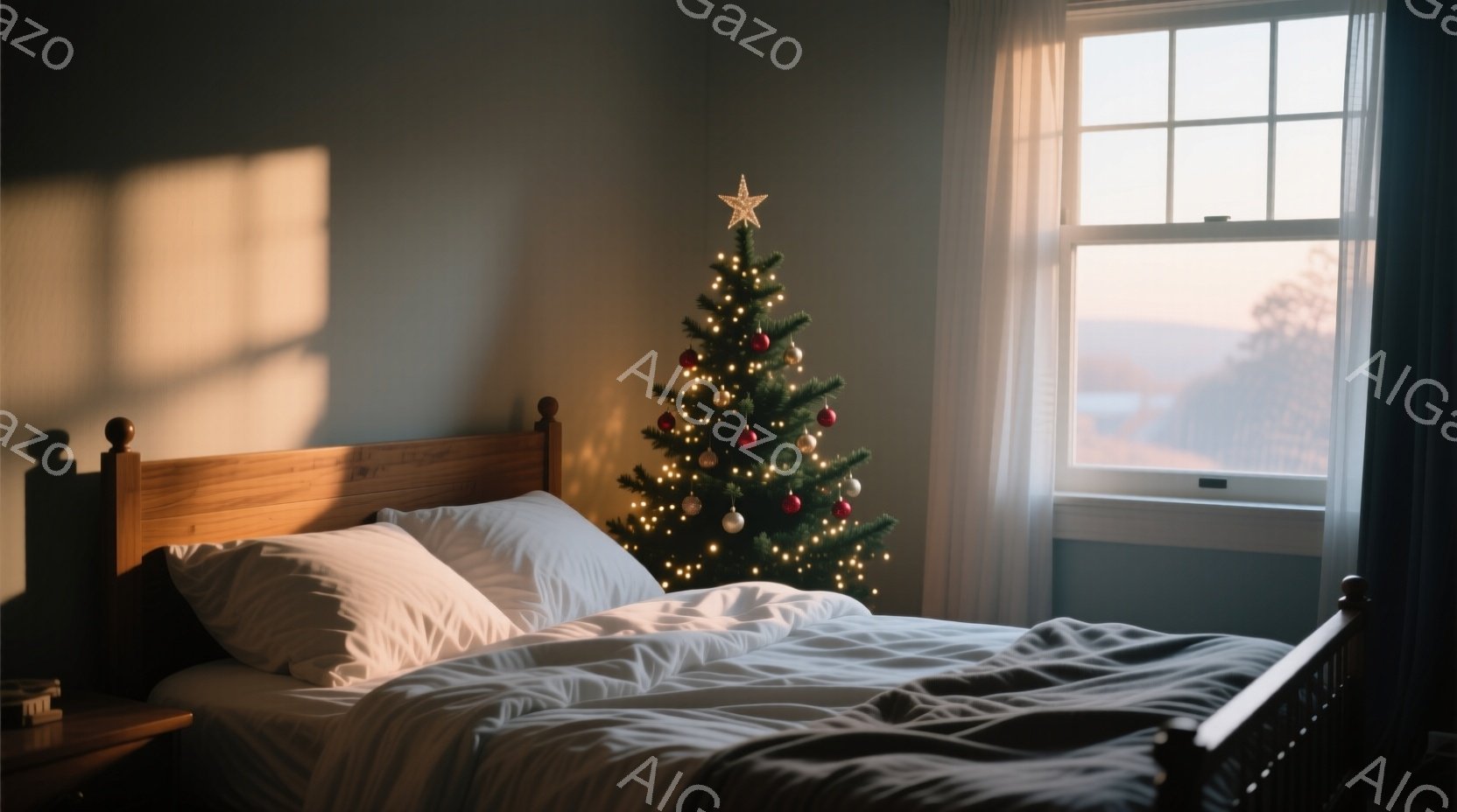 居間の一角に飾られたクリスマスツリーが、暖かな光を放っている。ベッドは白を基調としたリネンで覆われ、落ち着いた雰囲気を醸し出している。窓の外には霞んだ景色が広がり、静かで穏やかな冬の朝を思わせる。
