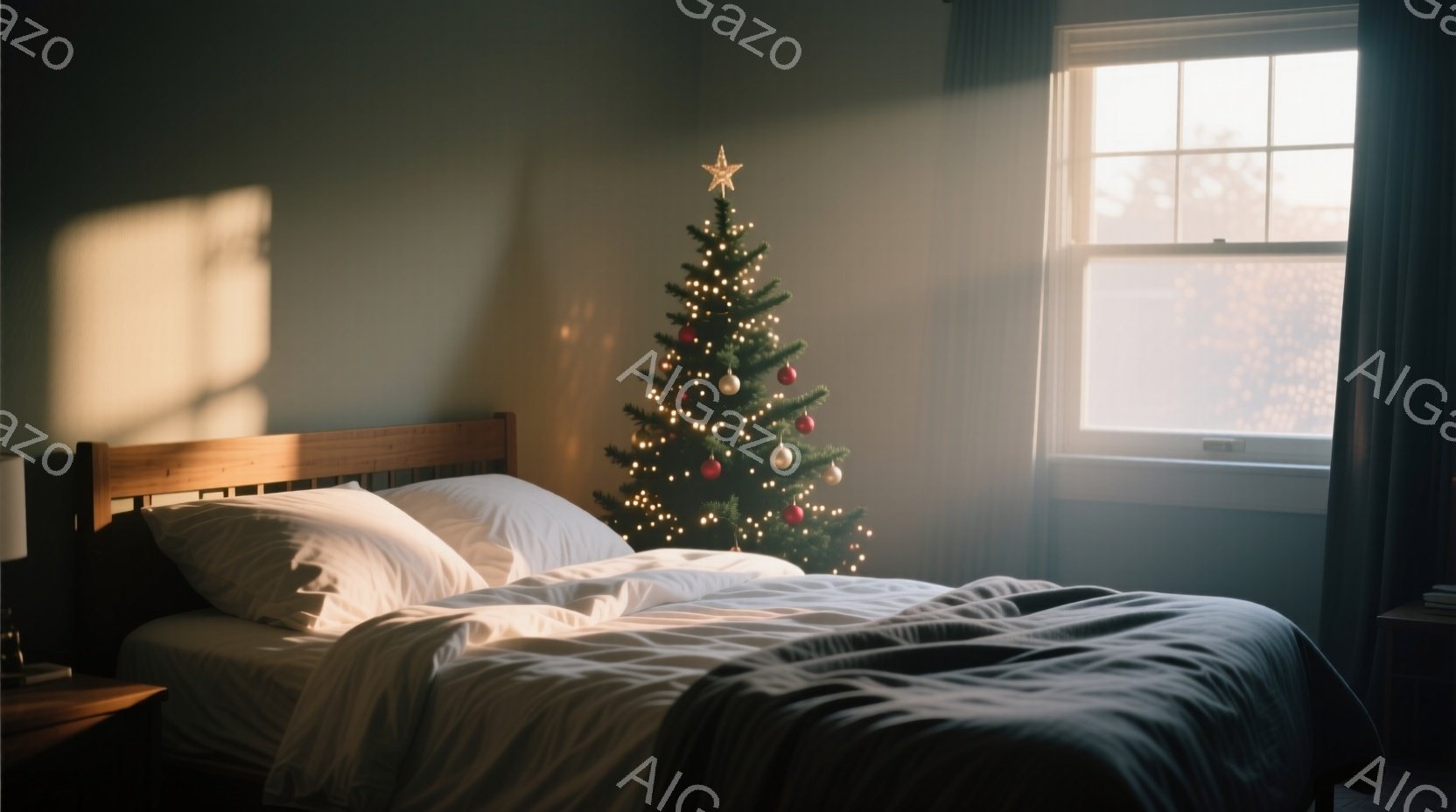 ベッドルームには、クリスマスツリーが窓のそばに飾られています。ベッドは白く、グレーのブランケットがかけられ、穏やかで温かい雰囲気が漂っています。柔らかい光が部屋に差し込み、静かでリラックスした空間を演 - AI生成フリー素材