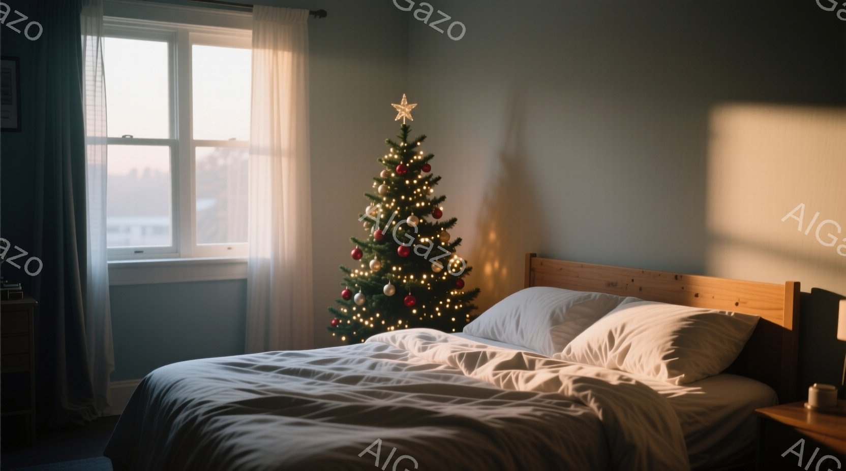 部屋にはクリスマスツリーが飾られたベッドルームが広がっており、暖かく穏やかな雰囲気が漂っています。窓からは夕暮れ時の街並みが一望でき、柔らかな光が部屋全体を照らしています。白いベッドシーツと木製のベッドフレームが、居心地の良い空間を作り出しています。