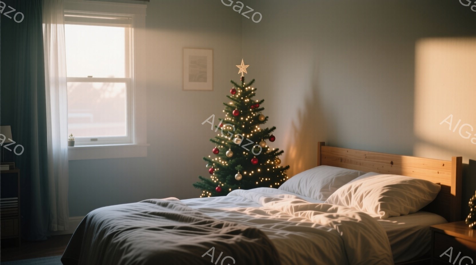 居間に飾られたクリスマスツリーが印象的な光景です。ベッドは白く清潔なシーツで覆われ、優しい光が差し込む窓と暖かな電飾が穏やかな雰囲気を醸し出しています。全体的に静かで落ち着いた、冬の暖かさを感じさせる空間です。