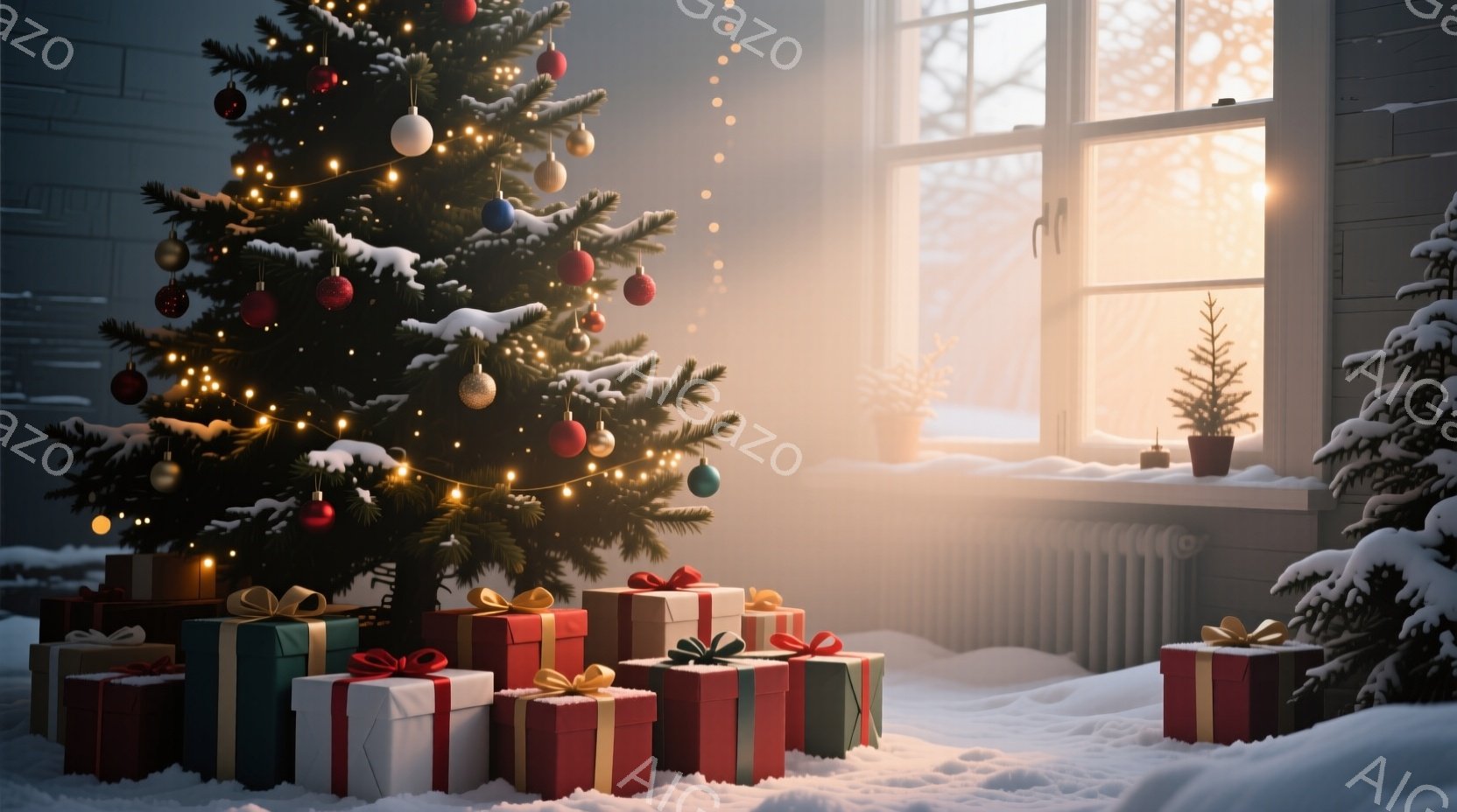 暖炉のある部屋に、飾り付けられたクリスマスツリーとプレゼントの山が写っています。窓からは柔らかな光が差し込み、雪が積もった庭と、雪化粧した木々が見えます。全体的に温かく、静かで、心安らぐクリスマスの雰 - AI生成フリー素材