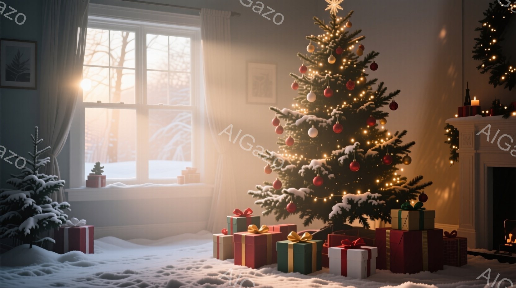 室内には、雪で覆われた窓から差し込む光が暖かく照らし出すクリスマスツリーが飾られています。ツリーの周りには、カラフルなリボンで飾られたプレゼントボックスが積み重ねられ、暖炉の火が穏やかに燃えています。 - AI生成フリー素材