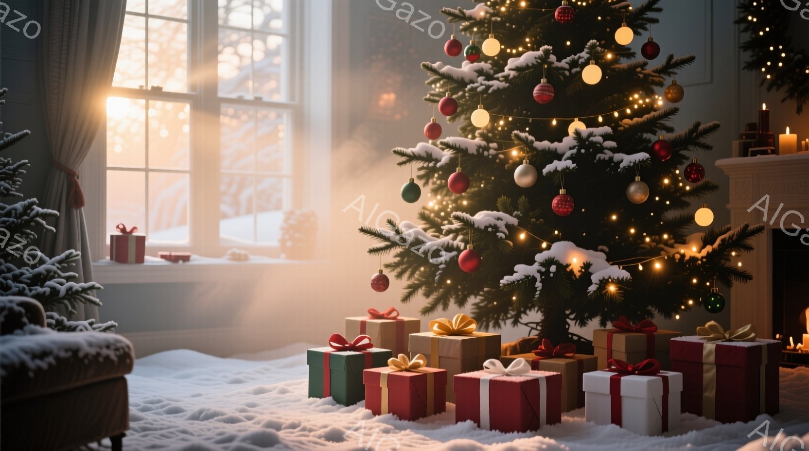 暖炉のそばに飾られたクリスマスツリーが印象的な室内です。ツリーはオーナメントや光で飾られ、その周りにはラッピングされたプレゼントの山が積まれています。窓からは雪景色が見え、室内に柔らかな光が差し込み、温かく、お祝いの雰囲気を醸し出しています。