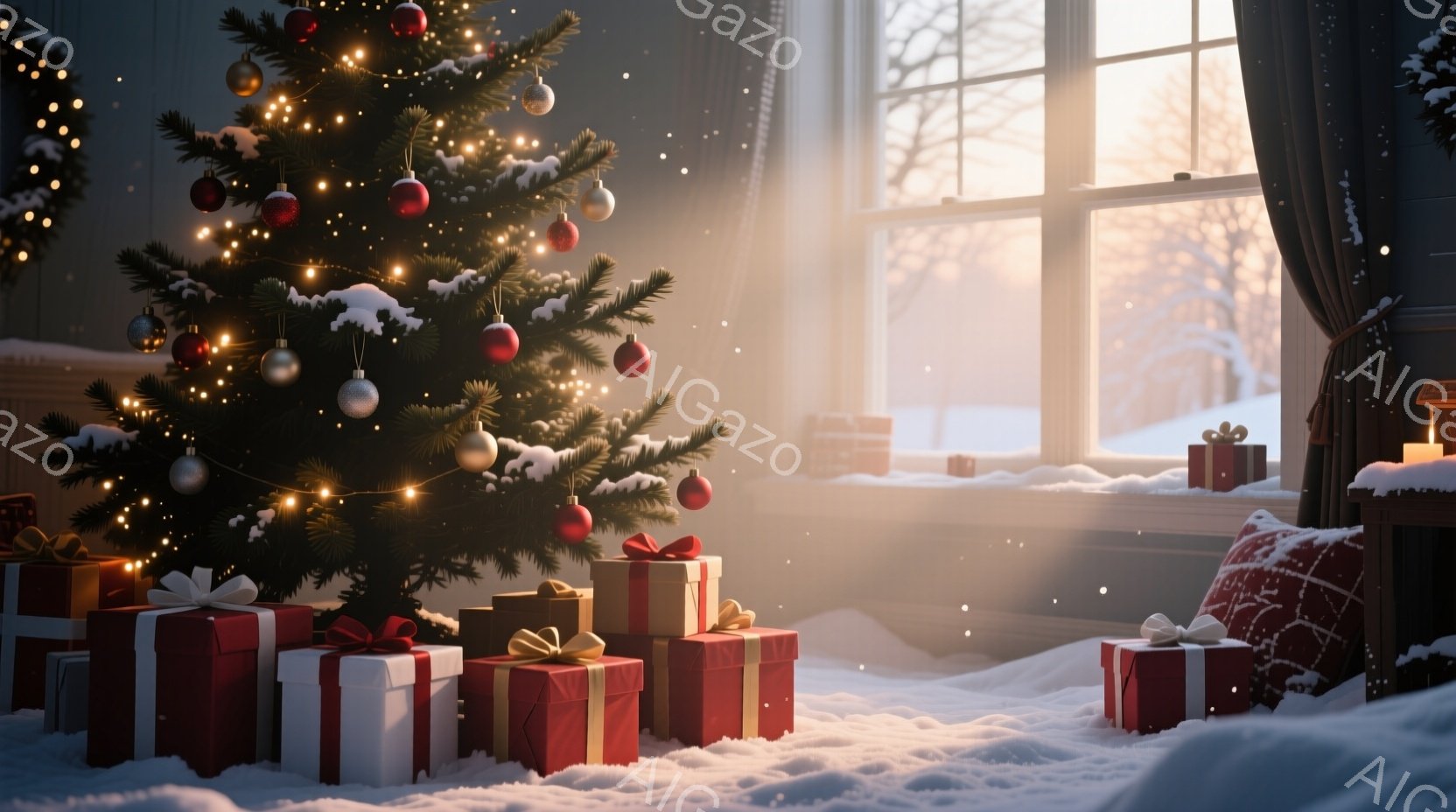 暖炉のそばに飾られたクリスマスツリーが、温かく輝く光を放っている。赤いリボンで結ばれたプレゼントボックスが雪の上に置かれ、窓の外には雪景色が広がり、穏やかな冬の雰囲気を醸し出している。全体的に、温かく - AI生成フリー素材