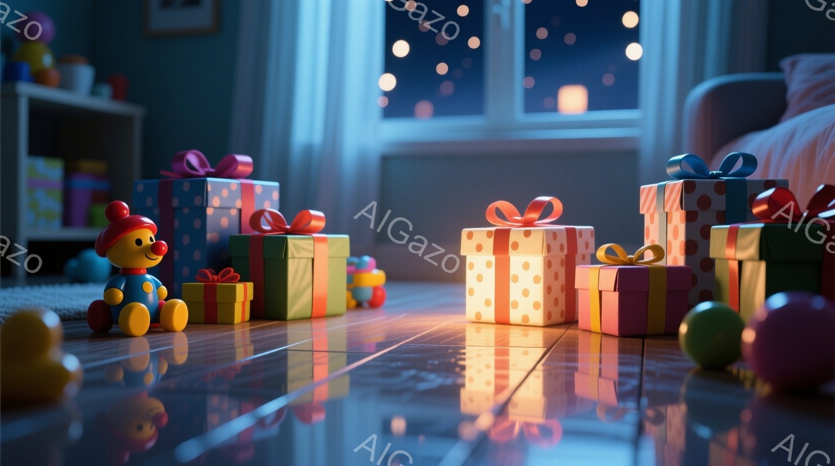 床には色とりどりのラッピングがされたプレゼントが積み上げられ、部屋の奥にはおもちゃが置かれた棚が見えます。窓の外は夜空で、遠くに見える光が温かい雰囲気を醸し出しています。全体的に柔らかい光に包まれ、クリスマスの夜のような、または誕生日のお祝いのような、幸せな情景が広がっています。