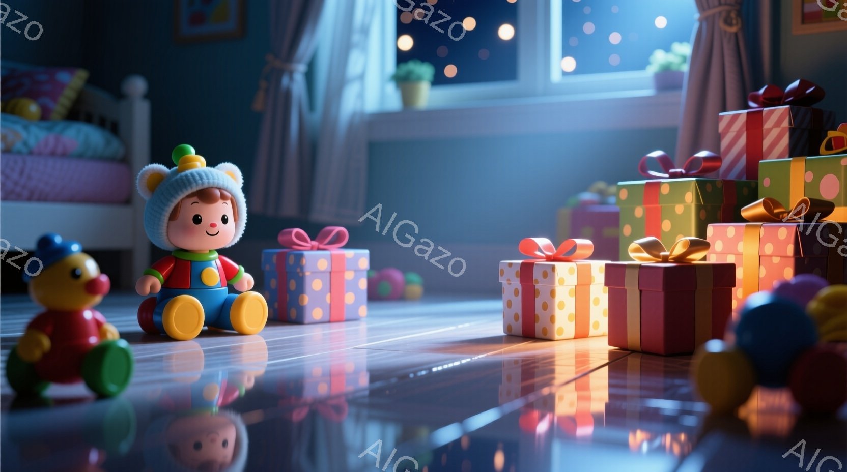 明るい子供部屋の床に、色とりどりのプレゼントが積み上げられています。人形は赤い服を着て、黄色い帽子をかぶり、微笑んでいます。窓の外には夜空が広がり、星が輝き、お祝いの温かい雰囲気が漂っています。