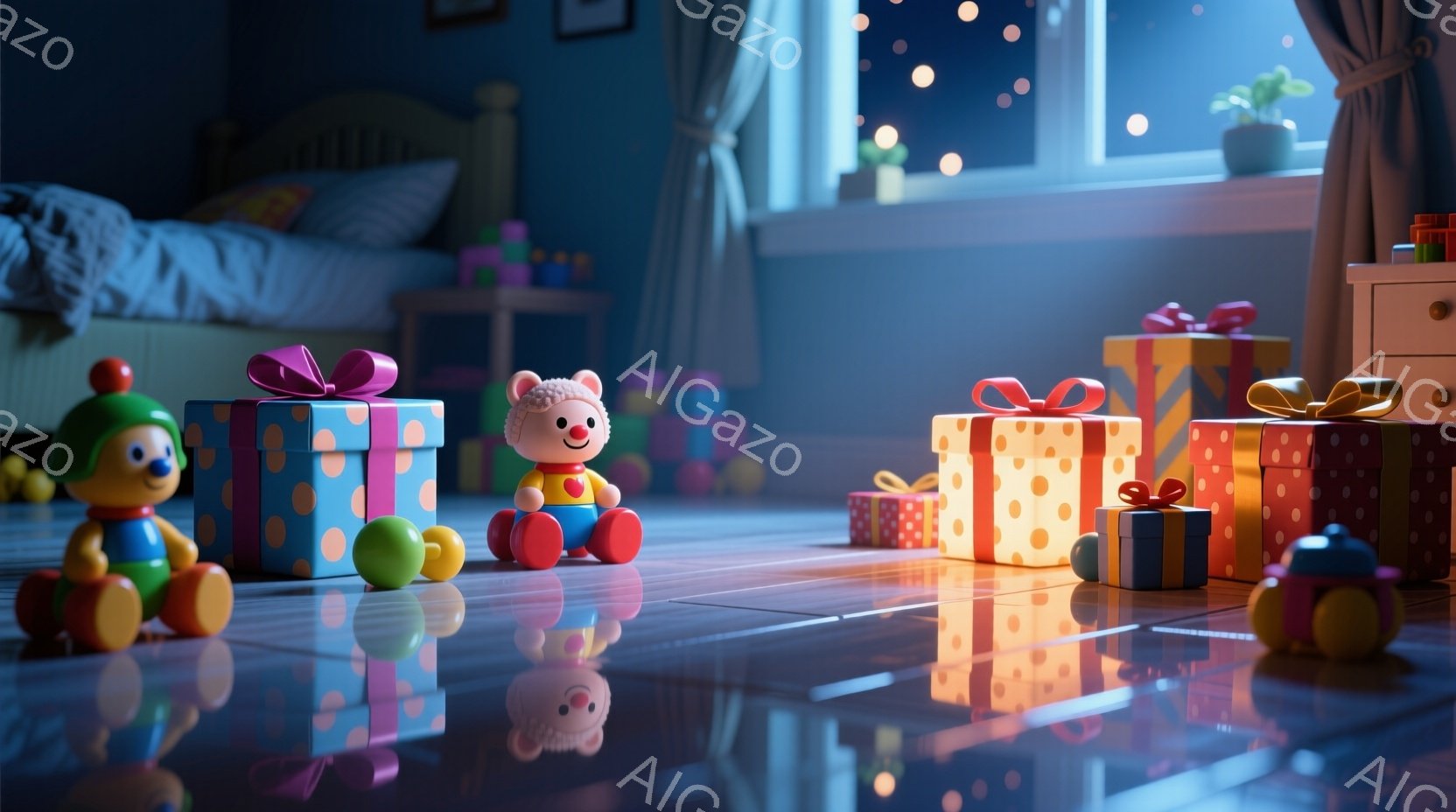 部屋の中央には、カラフルな包装紙で飾られたプレゼントの箱がいくつか置かれており、その周りにはおもちゃの車や人形が散らばっています。背景にはベッドと引き出し、窓からは夜空と星が覗き、暖かく穏やかな雰囲気を醸し出しています。床は光沢があり、おもちゃやプレゼントの反射が映り込み、夢のような光景を作り出しています。