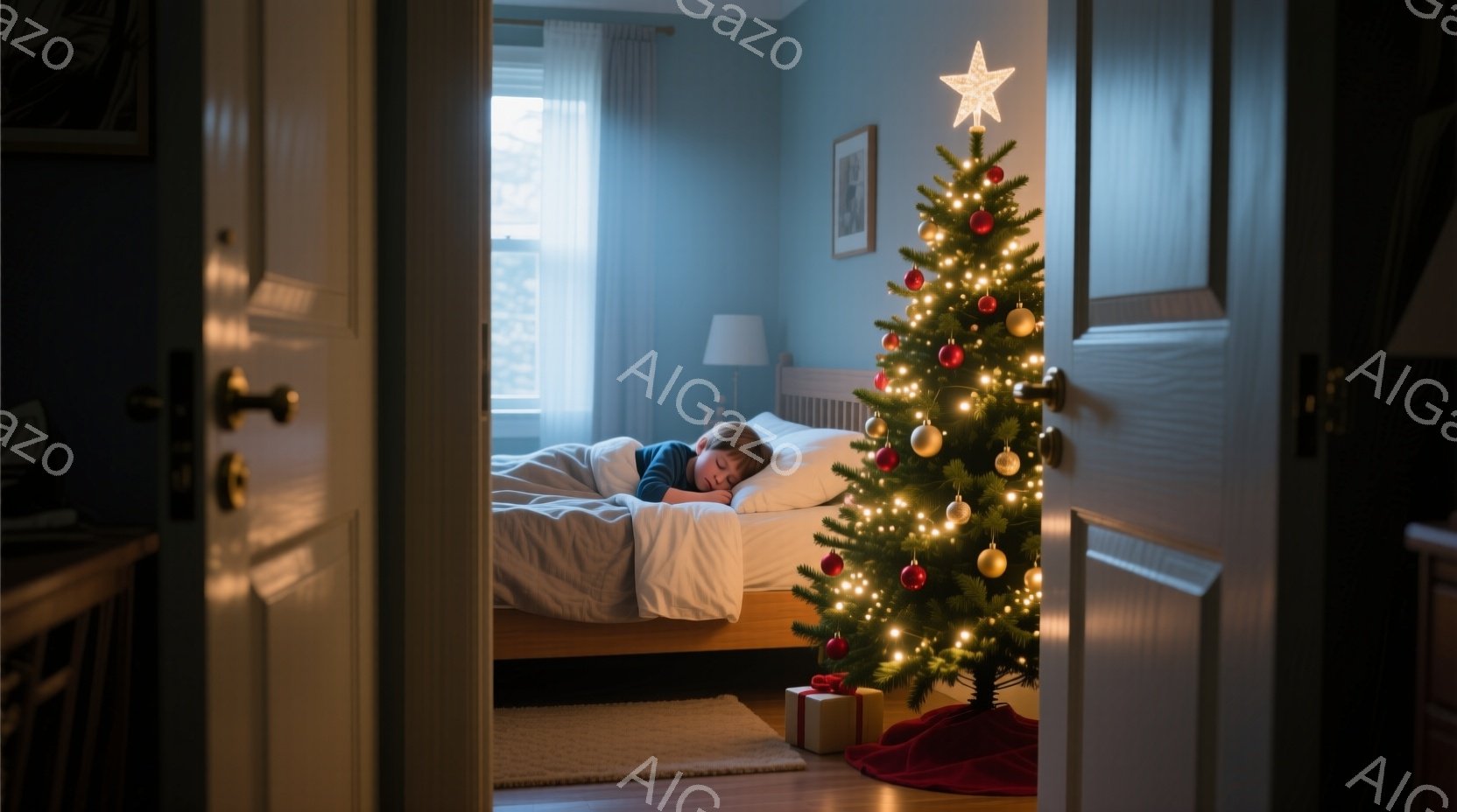 小さな男の子がベッドの中で眠っており、白いパジャマを着ている。背景には、装飾されたクリスマスツリーとプレゼントの箱が置かれた明るいリビングルームがあり、暖かく穏やかな雰囲気が漂っている。部屋全体が青い光で照らされており、クリスマス前の静かな夜の様子を表している。
