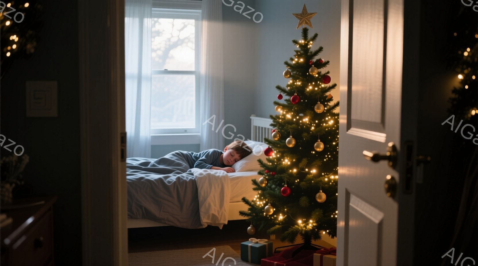 少年はベッドで眠っており、青いブランケットに包まれています。背景には、明るく飾られたクリスマスツリーと、プレゼントの箱が置かれた床が見えます。全体的に暖かく、穏やかなクリスマスの朝の雰囲気が漂っています。