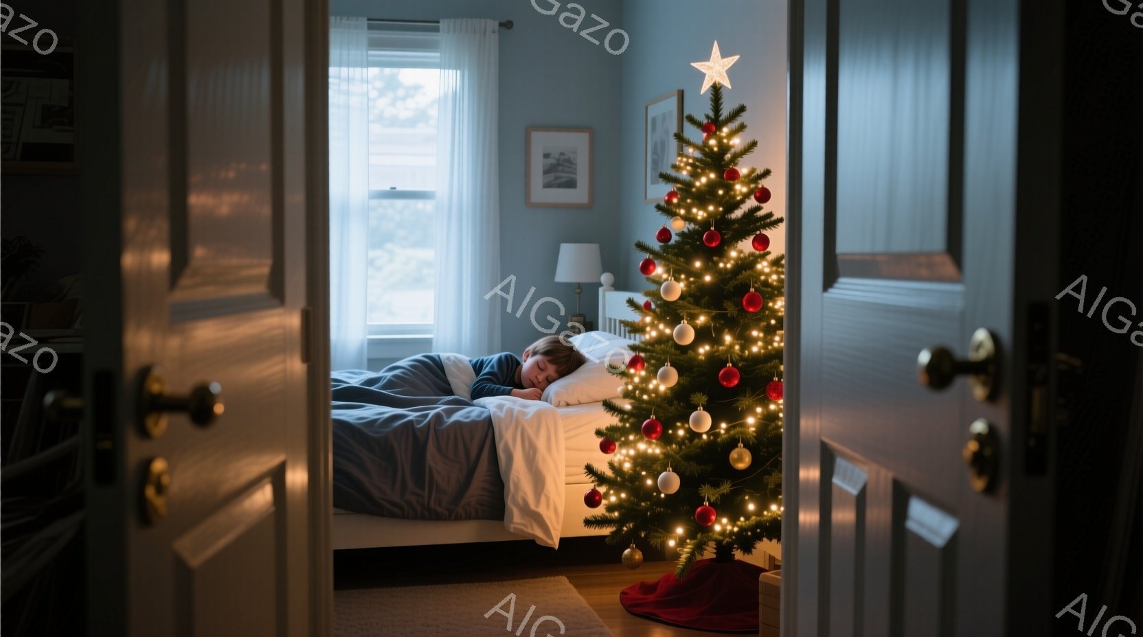 少年がベッドで眠っており、青いブランケットに包まれています。背景には、クリスマスツリーが飾られたリビングルームが見え、暖かく柔らかな光が灯っています。全体的に、穏やかで心地よいクリスマスの雰囲気が漂っています。