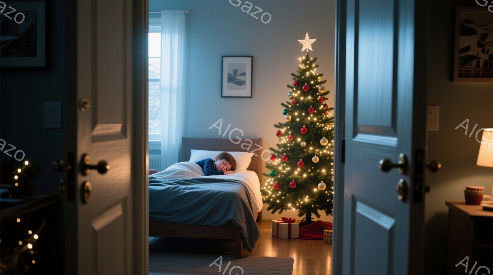 少年はベッドで眠っており、青いパジャマを着ています。背景にはクリスマスツリーが飾られ、赤いプレゼントボックスがいくつか置かれています。部屋全体が暖色系の光に包まれ、静かで穏やかなクリスマスの夜の雰囲気 - AI生成フリー素材
