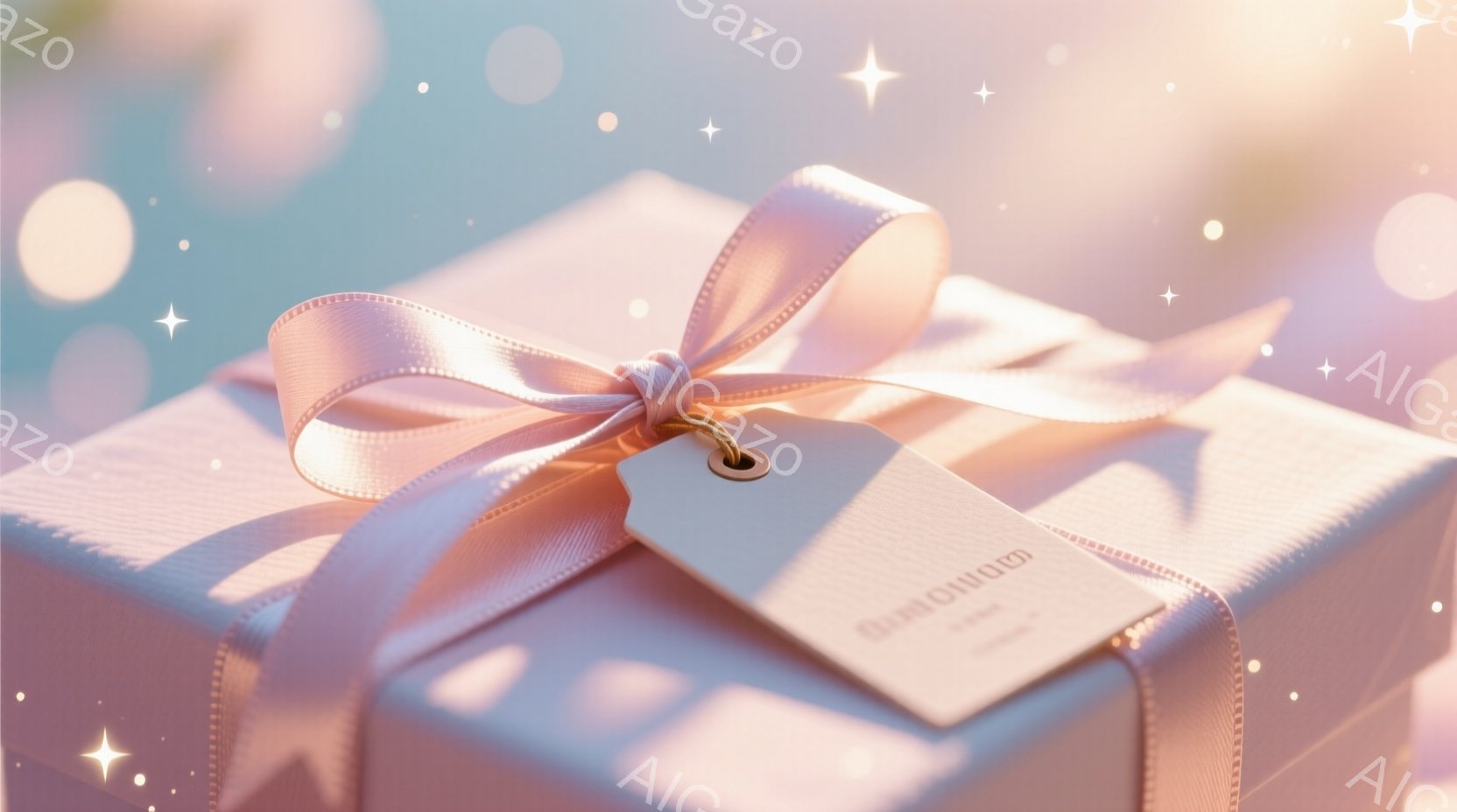 薄いピンク色のギフトボックスが、光沢のあるリボンと白いタグで飾られています。背景は淡いピンクと水色のぼかしで、キラキラした光が散りばめられており、柔らかく優しい雰囲気を醸し出しています。全体的に、贈り物や特別な機会を連想させる、穏やかで夢幻的なイメージです。