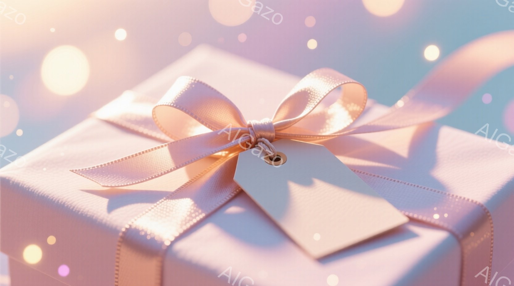 淡いピンク色のギフトボックスが画面中央に配置され、リボンとタグがアクセントになっている。背景にはぼやけた光の粒子が散りばめられ、全体的に柔らかく温かい雰囲気を醸し出している。ギフトボックスの影がわずかに映り込み、立体感を強調している。