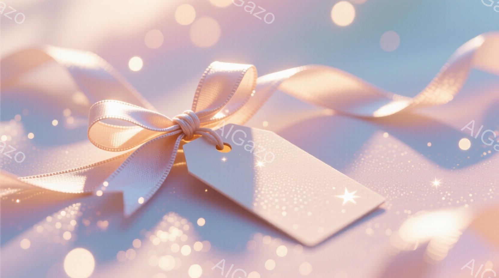 淡いピンクとゴールドのぼかしがかった背景に、リボンとタグが飾られています。リボンは柔らかいゴールド色で、丁寧に結ばれており、タグには小さな星が描かれています。全体的に暖かく、ロマンチックで、ギフトや祝福を連想させる雰囲気です。