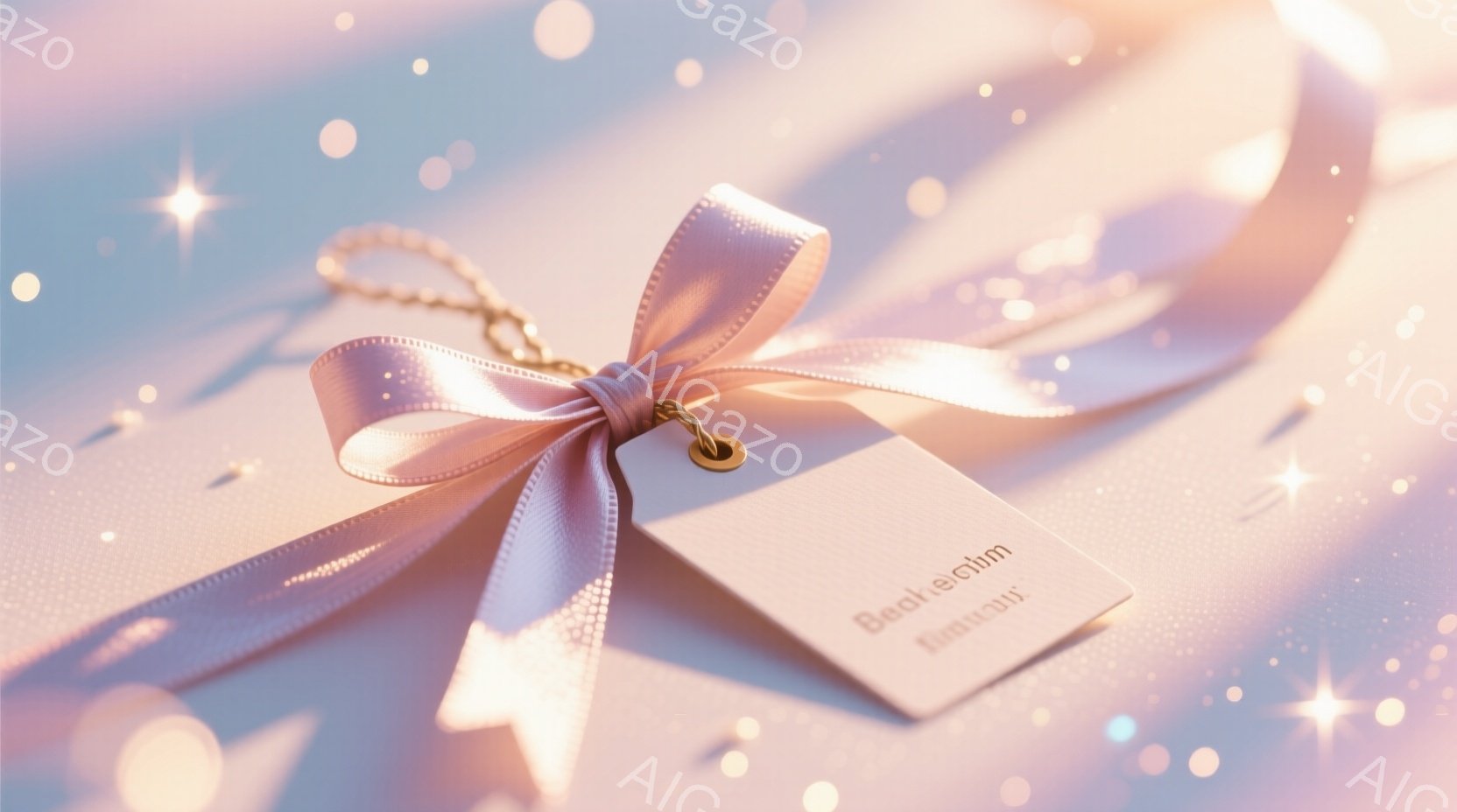 薄いピンク色のリボンが白いギフトボックスに結ばれ、小さなタグがぶら下がっています。背景にはぼやけた光の粒子が散りばめられ、ロマンチックで夢幻的な雰囲気を醸し出しています。全体的に柔らかい色合いと光の演 - AI生成フリー素材