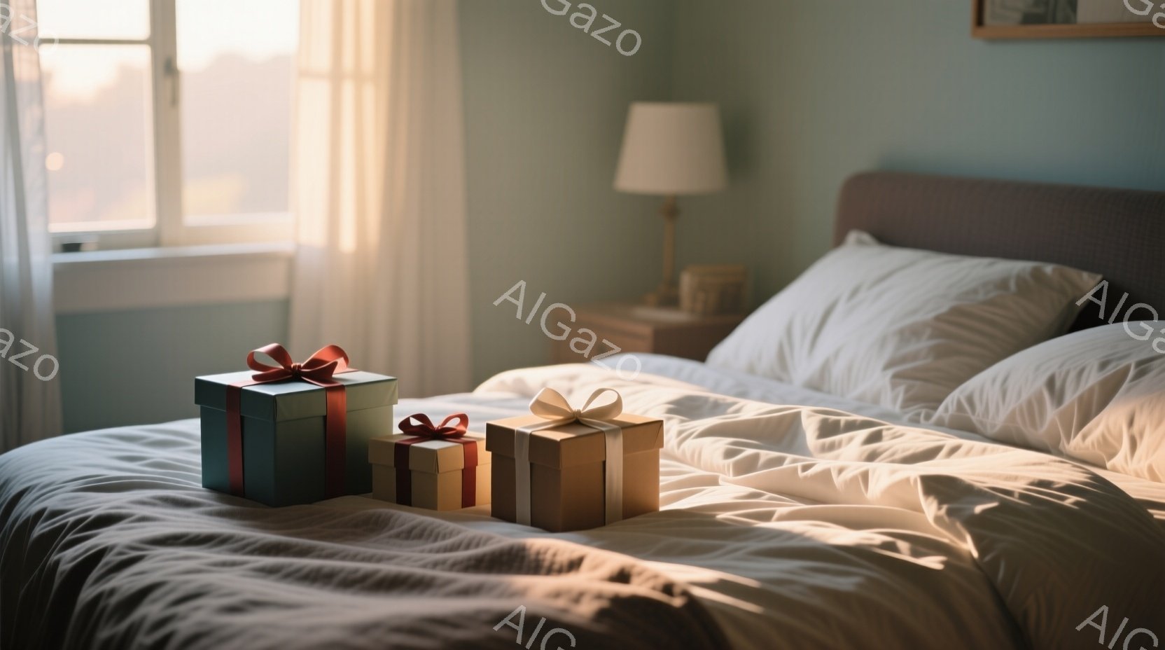 ベッドの上に、リボンで飾られたプレゼントボックスが三つ並んでいる。柔らかい光が差し込み、シーツに美しい影が落ちている。背景には、薄暗い木製のナイトスタンドと、窓から差し込む夕日の光が見え、穏やかで温かい雰囲気が漂っている。