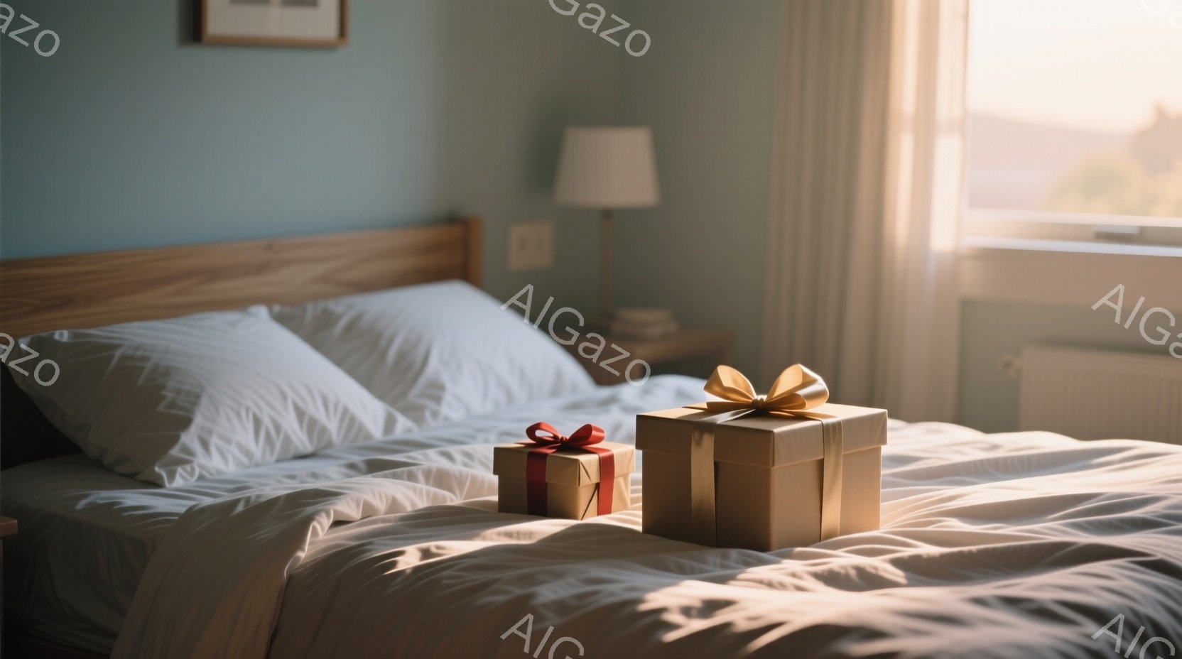 白いベッドの上に、茶色と赤のリボンで飾られたギフトボックスが2つ置かれています。窓から差し込む暖かい光がベッド全体を照らし、柔らかな雰囲気を作り出しています。背景には木製のナイトテーブルと優しい色合いの壁があり、リラックスした静かな空間が表現されています。