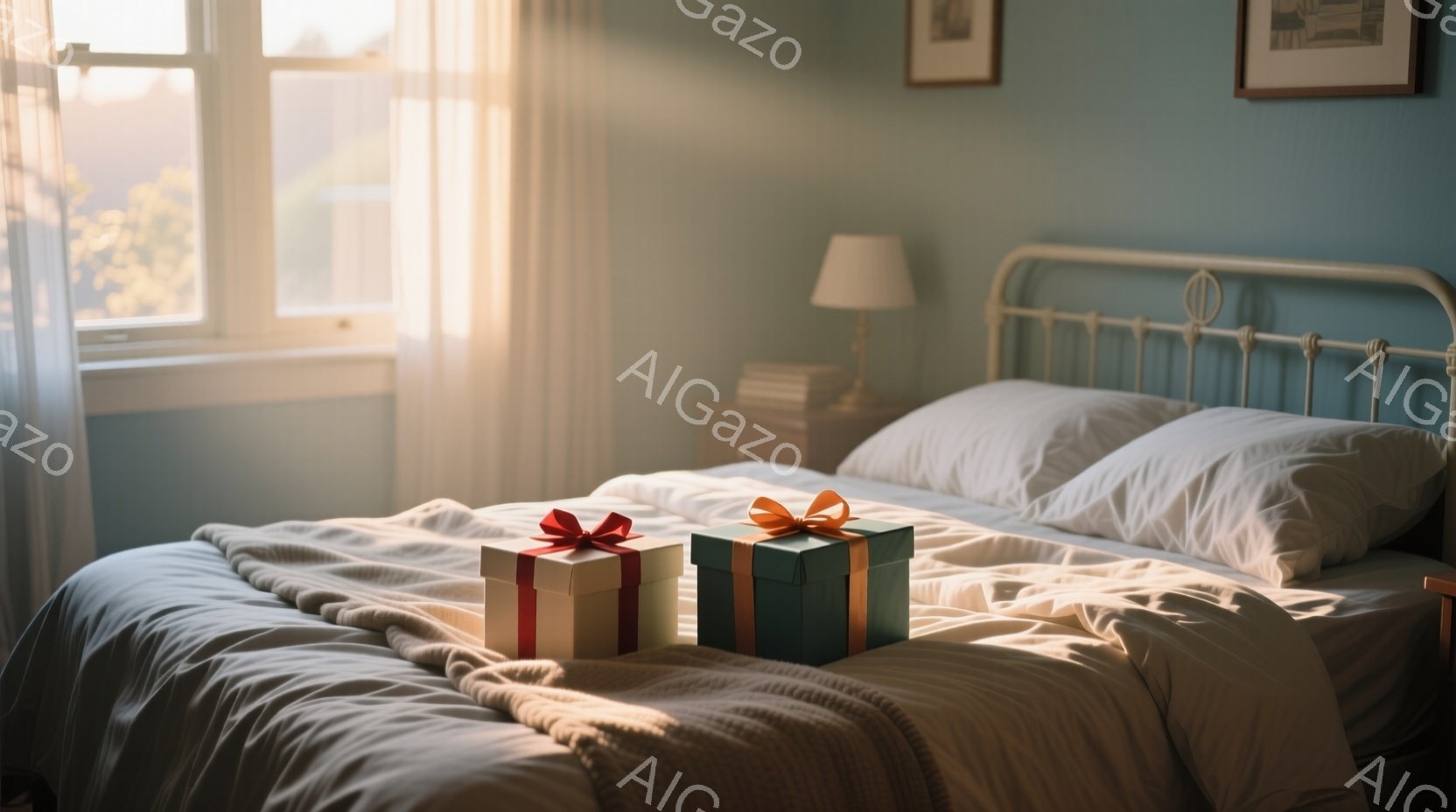 ベッドの上には、赤いリボンとターコイズ色のリボンで飾られた2つのギフトボックスが置かれています。部屋は薄い青色の壁で覆われ、窓から差し込む光が柔らかい雰囲気を醸し出しています。ベッドサイドテーブルにはランプと本が置かれ、穏やかで心地よい空間が演出されています。