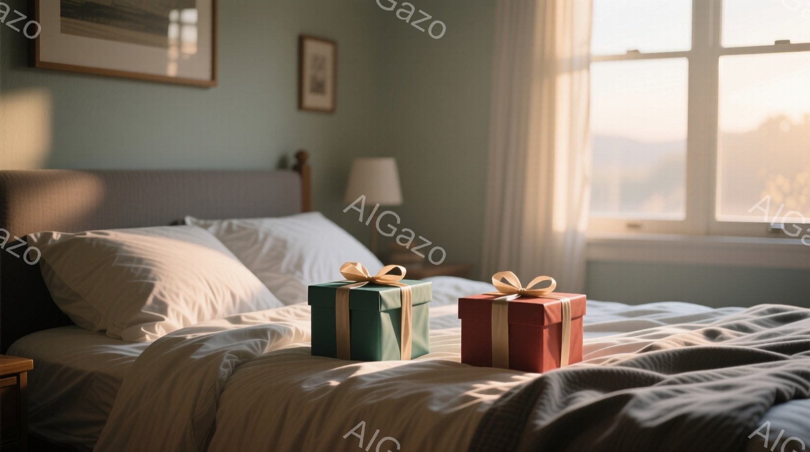 ベッドの上に、緑と赤の包装紙でラッピングされたプレゼントが2つ並んでいます。背景には、薄いカーテン越しに見える穏やかな夕焼け空が広がり、部屋全体が暖かく優しい光に包まれています。 簡素ながらも落ち着いた雰囲気で、安らぎと幸福感が感じられます。