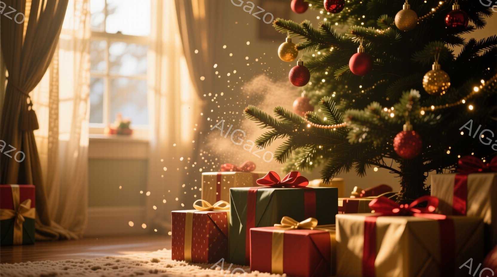 クリスマスツリーの下には、赤、緑、金色のリボンで飾られたプレゼントの箱がいくつか置かれており、暖かく穏やかな雰囲気を醸し出しています。背景には、ぼんやりとした光が差し込む窓があり、部屋全体を優しく照ら - AI生成フリー素材