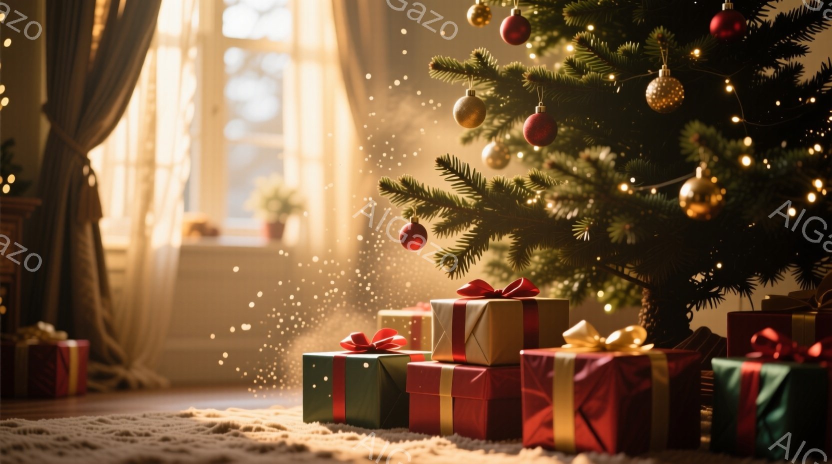 クリスマスツリーの足元には、赤、緑、金色のリボンで飾られたプレゼントの山が積まれています。暖炉と窓からは柔らかな光が差し込み、部屋全体を温かい雰囲気に包み込んでいます。キラキラと輝く光の粒子が舞い、ク - AI生成フリー素材