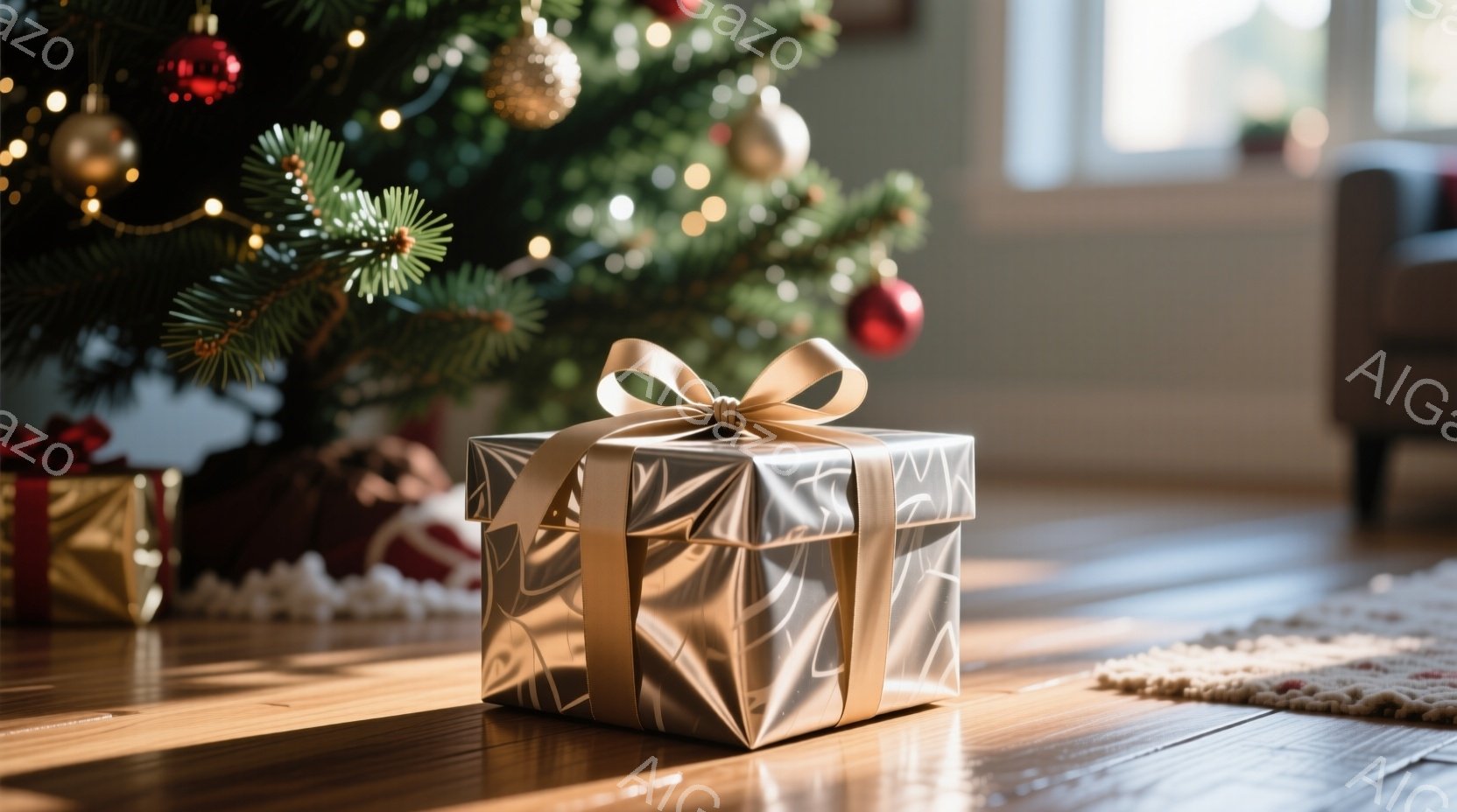 暖炉のそばの木の床に、金色の包装紙で丁寧に包まれたプレゼントが置かれています。背景には、オーナメントで飾られたクリスマスツリーが見え、部屋全体が温かい光に包まれています。プレゼントの金色のリボンとツリ - AI生成フリー素材