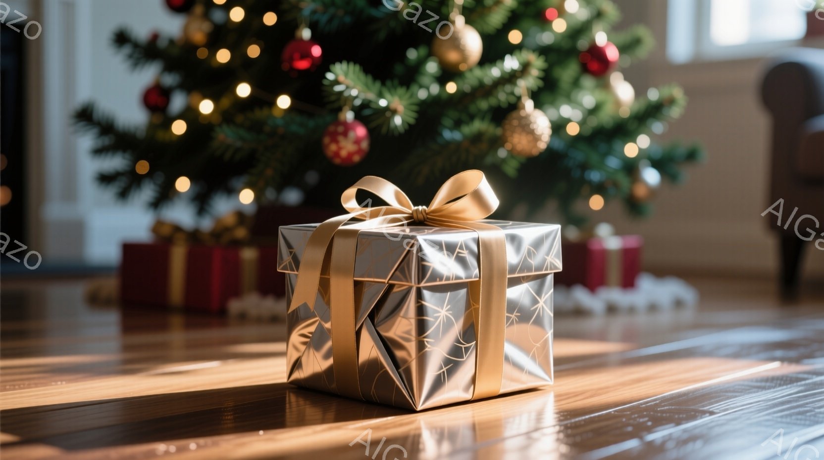 輝く金色の包装紙で包まれたプレゼントが、木の床の上に置かれています。背景には、赤いオーナメントとキラキラ光る電飾で飾られたクリスマスツリーがぼやけて見え、暖かく穏やかな雰囲気が漂っています。床の木目とプレゼントの反射が、光の温かさを強調しています。