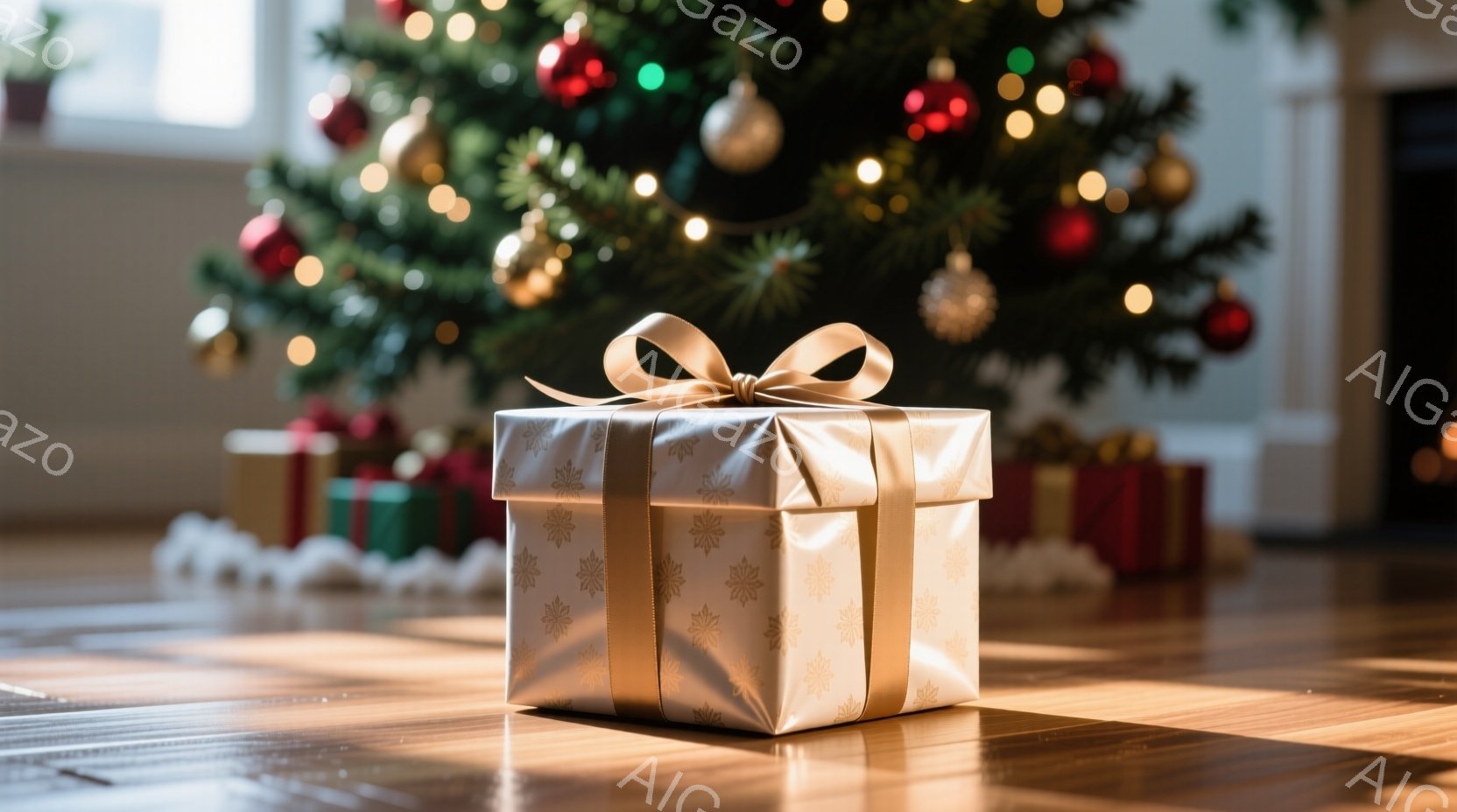 金色の包装紙で包まれたプレゼントが、木の床の上に置かれています。背景には、オーナメントや光で飾られたクリスマスツリーがぼんやりと見え、温かく穏やかな雰囲気を醸し出しています。床に反射する光が、プレゼン - AI生成フリー素材