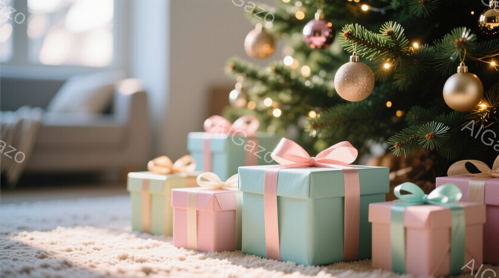 クリスマスツリーの足元に、パステルカラーのリボンで飾られたプレゼントの箱が並んでいます。背景にはぼやけたリビングルームが見え、温かい光が差し込んで穏やかな雰囲気を醸し出しています。全体的に、クリスマス - AI生成フリー素材