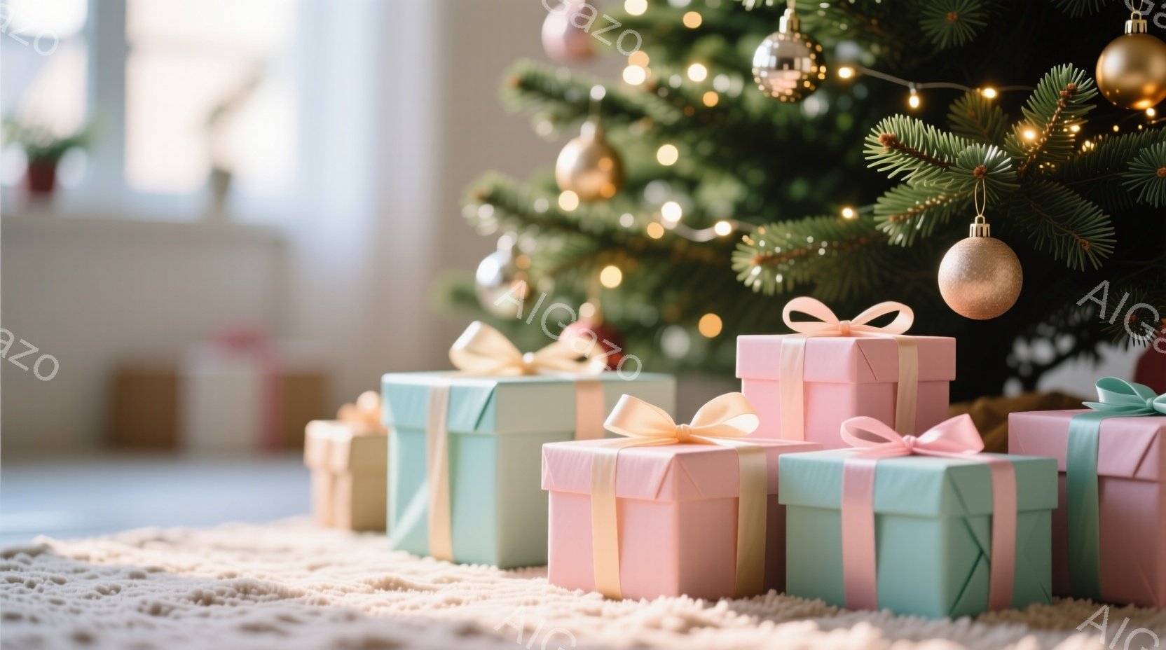 クリスマスツリーの足元に、パステルピンクと水色のギフトボックスが整然と並んでいます。ギフトボックスには白いリボンが巻かれており、お祝いの雰囲気を高めています。背景にはぼやけたクリスマスツリーの緑と、輝 - AI生成フリー素材