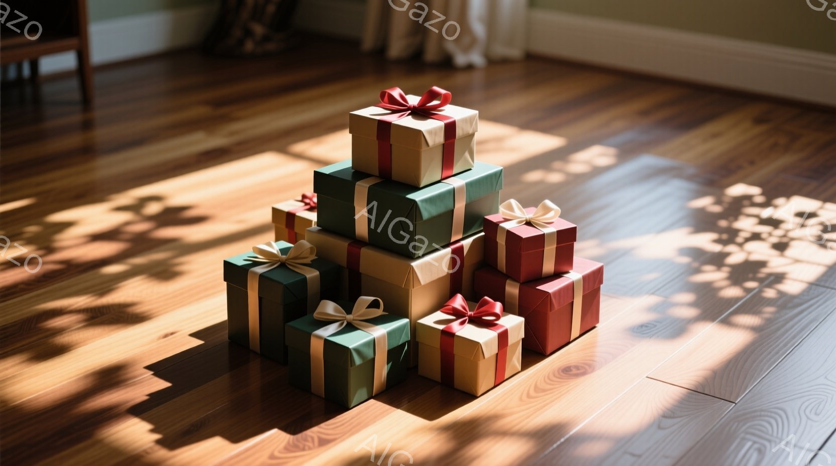 暖かく柔らかな光が差し込む木製の床の上に、様々な大きさのギフトボックスが積み重ねられています。ギフトボックスは緑、赤、ベージュなどの色で、それぞれリボンで飾られています。背景はぼやけていますが、明るい室内の一部と窓からの光の差し込みが見て取れ、落ち着いた温かい雰囲気を醸し出しています。