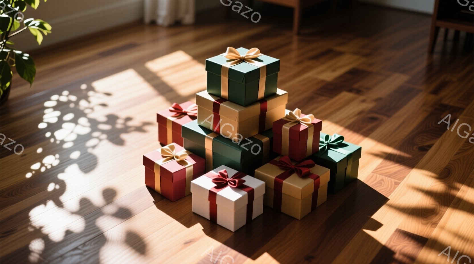 暖炉の木製の床に、赤、緑、白、金色のギフトボックスが積み重ねられています。光が差し込み、床に影を作り出し、贈り物に温かい輝きを与えています。背景はぼやけており、贈り物と床の質感に焦点が当てられています。
