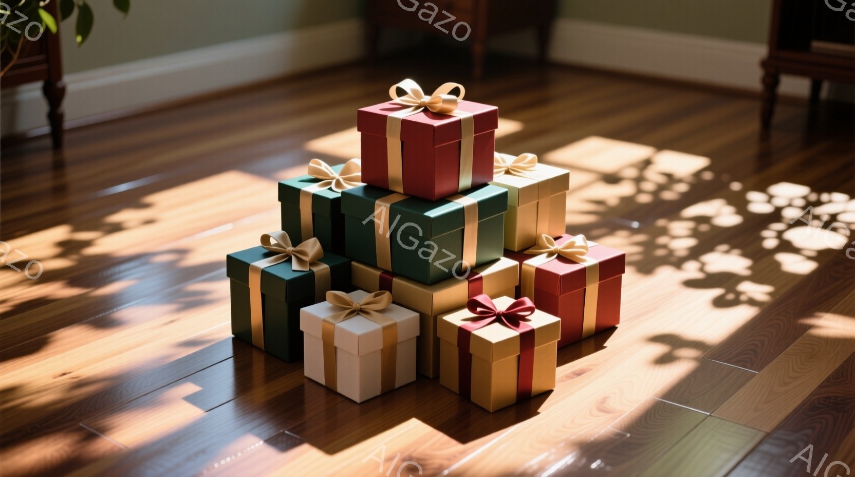 木の床の上に、様々な色のギフトボックスが積み重ねられています。赤、緑、ベージュのボックスにはそれぞれリボンが結ばれており、プレゼントの準備ができている様子が伺えます。背景には家具の一部が見え、温かみのある室内で穏やかな雰囲気が漂っています。