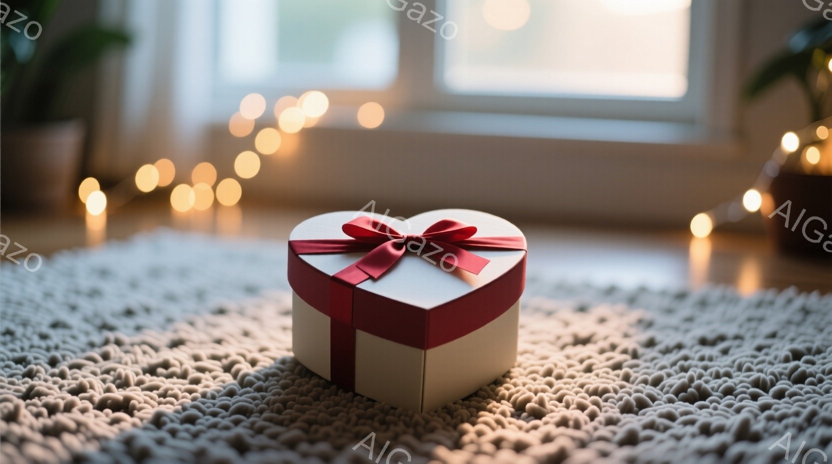 白い毛足の長いラグの上に、赤いリボンで飾られたハート型の白い箱が置かれています。背景にはぼやけた窓と、光の粒子が散りばめられた電飾が見え、温かくロマンチックな雰囲気を醸し出しています。箱のシンプルさと - AI生成フリー素材
