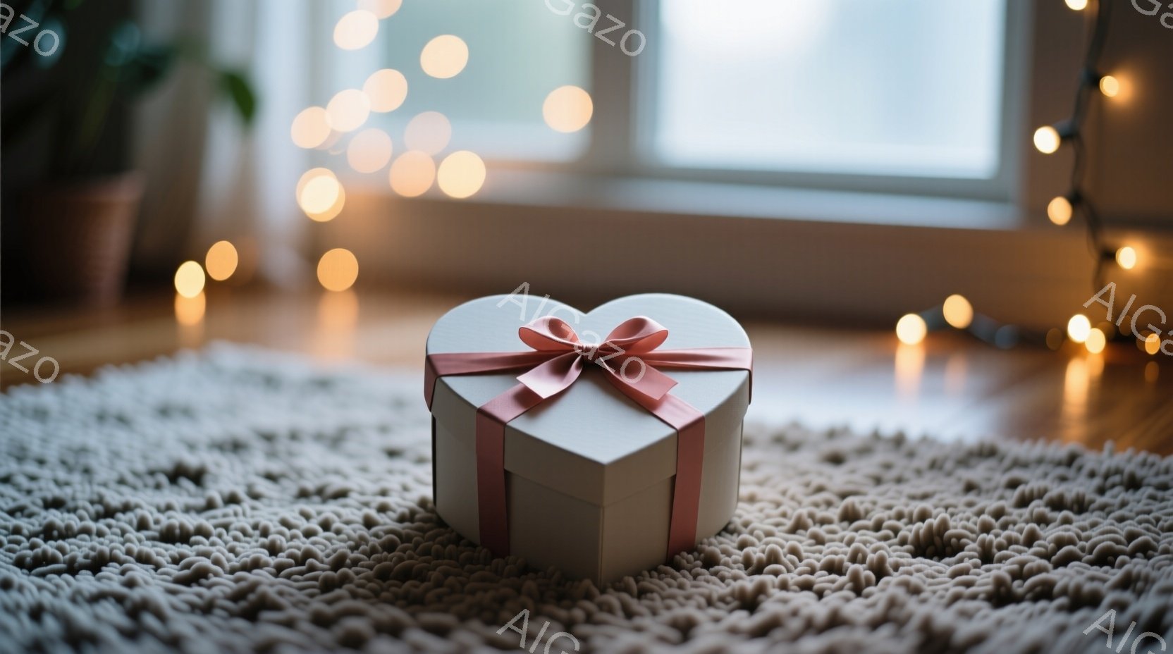 白いハート型のギフトボックスが、ふわふわとしたベージュのラグの上に置かれています。ボックスには、淡いピンクのリボンが結ばれており、周囲にはぼやけた光のストリングライトが飾られています。背景には窓が見え - AI生成フリー素材