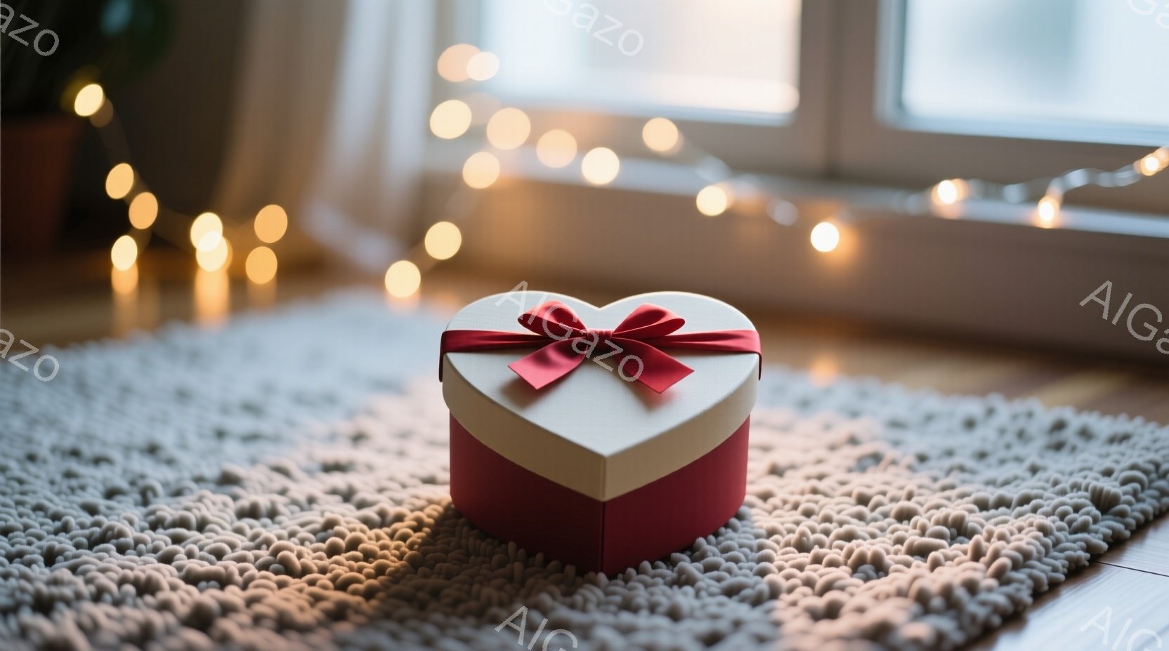 心型のギフトボックスが、オフホワイトのモコモコしたラグの上に置かれています。箱は白と赤の二色で、赤いリボンが可愛らしく結ばれています。背景にはぼやけた光のストリングライトと窓が見え、温かくロマンチックな雰囲気です。