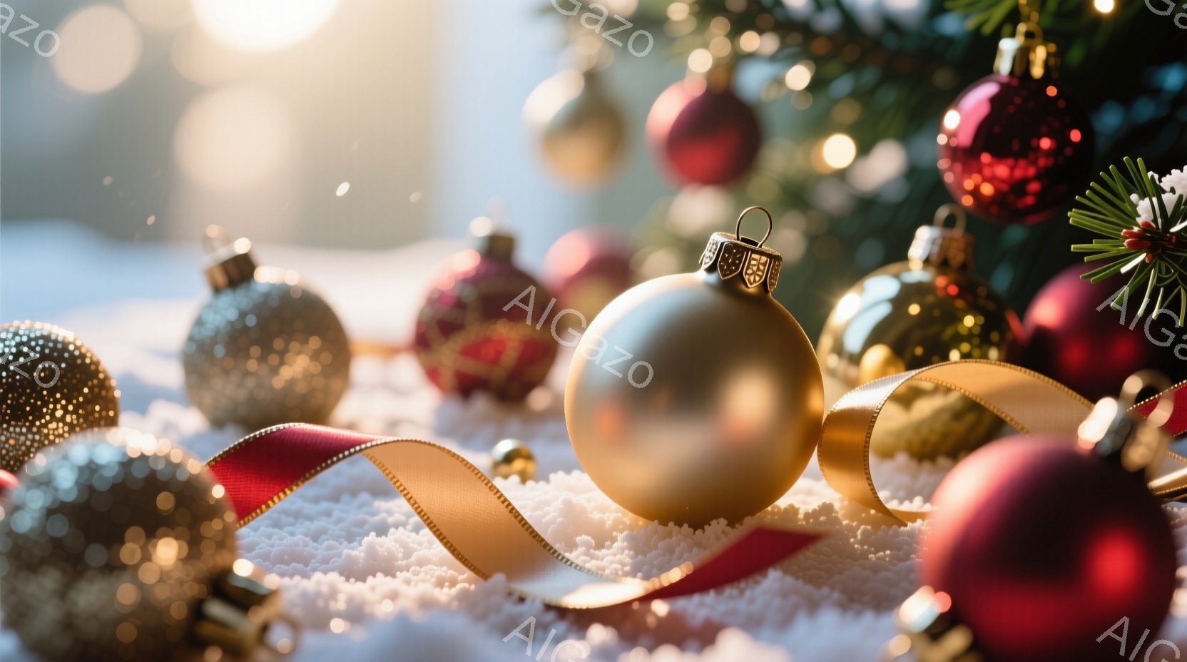 鮮やかなクリスマスオーナメントが、白い雪のような背景の上に散りばめられています。金、赤、銀のボール型オーナメントが、赤いリボンと共に見え、背景にはぼやけた緑のクリスマスツリーが見えます。全体的に暖かく - AI生成フリー素材