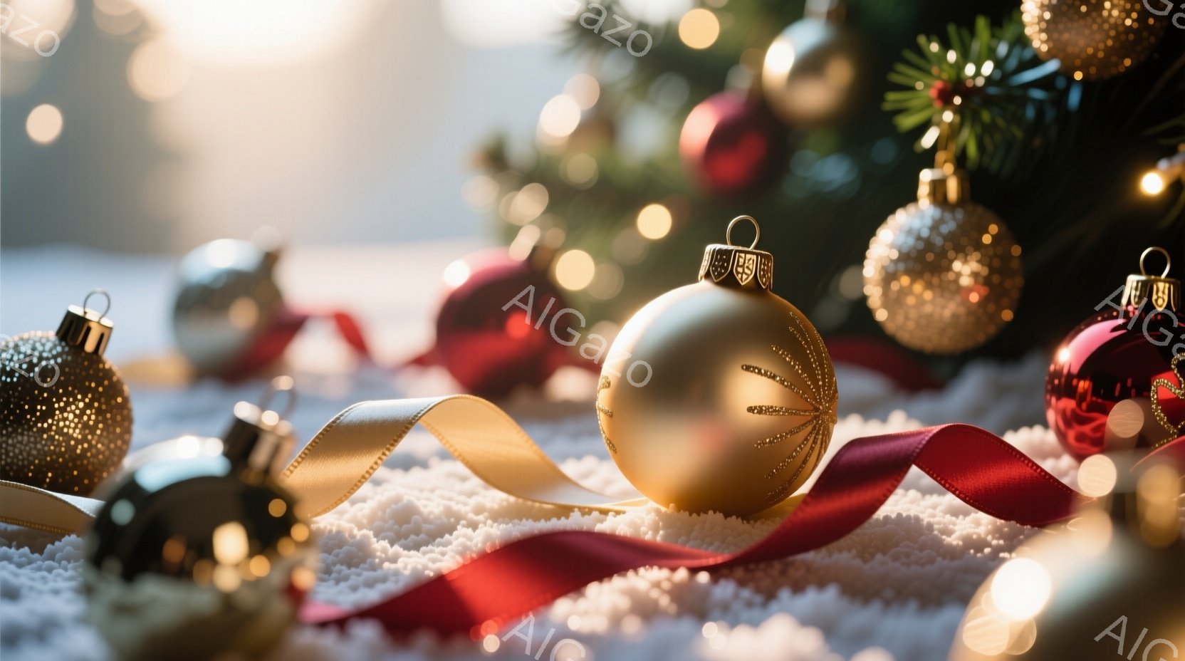 白いふわふわとした背景に、様々な色のクリスマスオーナメントが散りばめられています。金色のリボンがオーナメントの間を縫うように走り、暖かく華やかな雰囲気を醸し出しています。背景はぼやけていますが、クリス - AI生成フリー素材