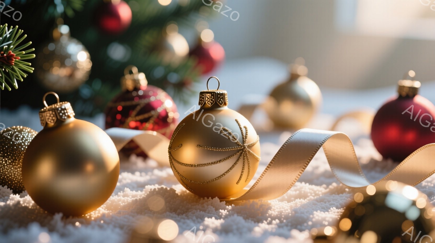 輝くオーナメントが雪のような白い背景に散りばめられています。金色のオーナメントを中心に、赤や銀の装飾が暖かく、お祝いの雰囲気を醸し出しています。リボンが優雅に広がり、クリスマスの喜びと静けさを感じさせます。