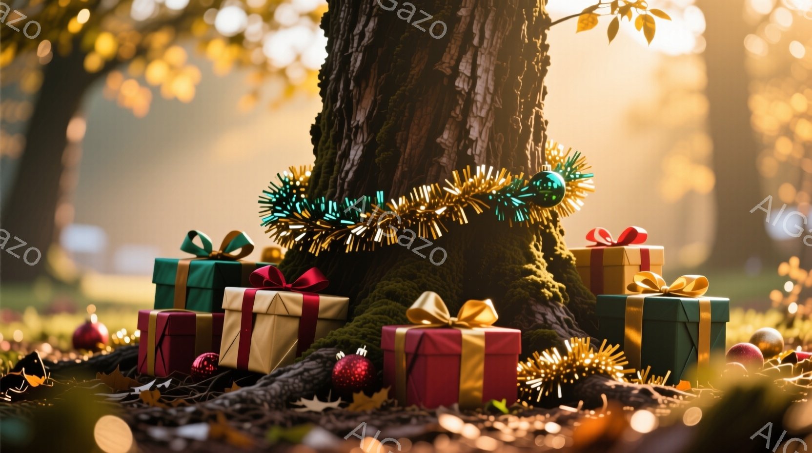 樹木の根元に、赤や緑のリボンで飾られたプレゼントの箱が積み重ねられています。背景は秋の暖かな光に包まれ、落ち葉が散らばっており、キラキラと輝く飾り付けが華やかさを添えています。全体的に温かく、お祝いの雰囲気が漂う、クリスマスの情景が表現されています。