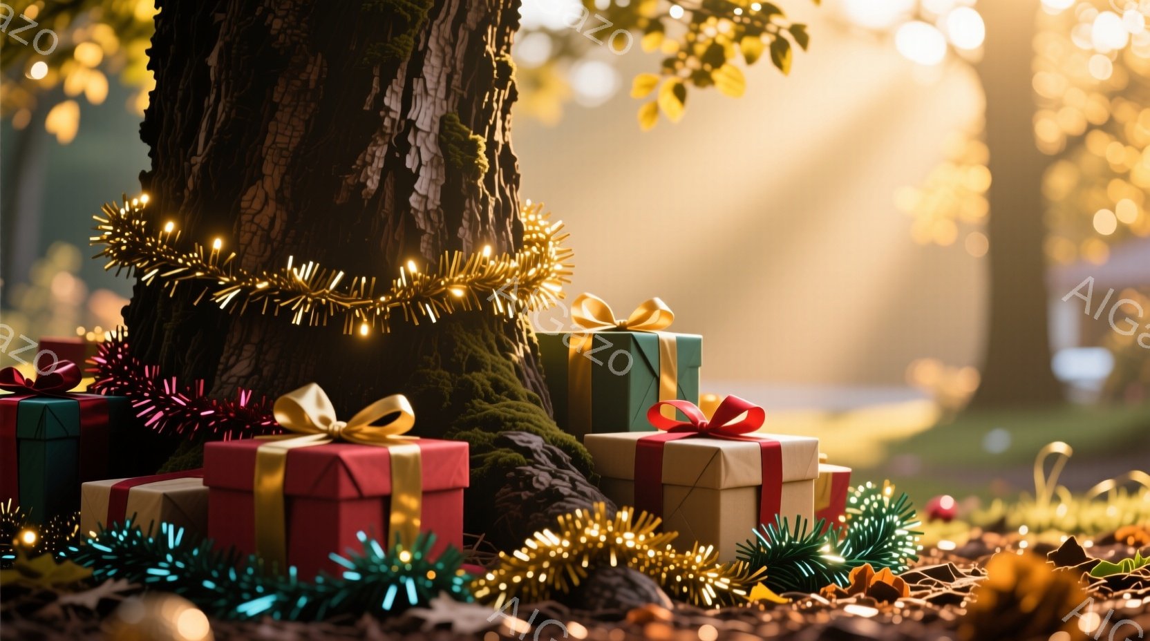 樹木の根元に、赤、緑、ベージュのラッピングペーパーで包まれたプレゼントがいくつか置かれています。金色のモールライトが樹木に巻き付けられ、周りにはきらびやかな装飾が散らばり、クリスマスの雰囲気を醸し出しています。背景はぼやけており、自然の中の暖かく穏やかな光景が広がっています。