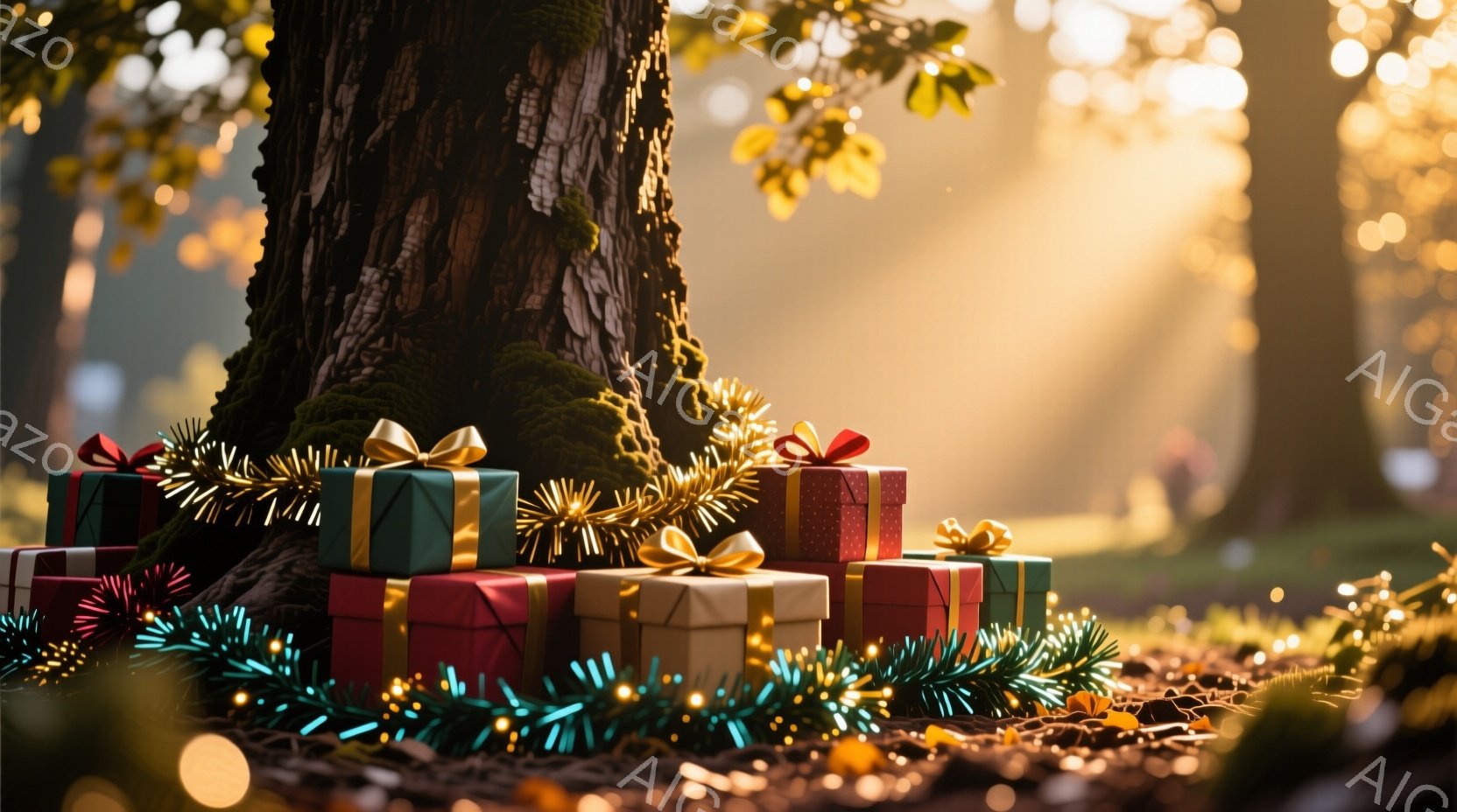 巨大な木の根元に、赤、緑、ベージュの包装紙で包まれたプレゼントの山が置かれている。プレゼントは金色のリボンで飾られ、緑色の葉とキラキラ輝く飾りで縁取られている。背景はぼやけた森で、秋の光が差し込み、暖かくお祝いムードを醸し出している。