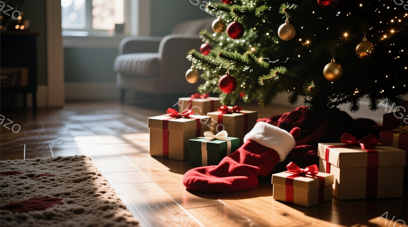 暖炉のあるリビングルームの床に、クリスマスツリーの下にプレゼントが置かれた赤いクリスマスソックスが置かれています。プレゼントはベージュと緑の包装紙で包まれ、白いリボンで飾られています。光沢のある木の床と柔らかな光が、温かく心地よいクリスマスの雰囲気を醸し出しています。