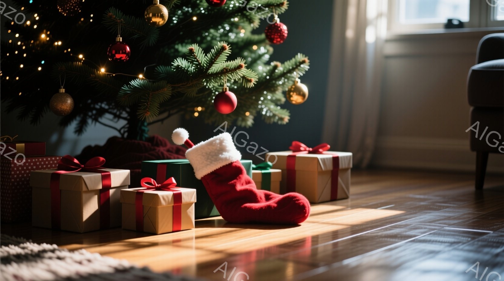 暖炉のそばの床に、ラッピングされたプレゼントの箱と赤いクリスマスストッキングが置かれています。背景にはクリスマスツリーが飾られ、暖かい光が差し込んでいます。全体的に、ホリデーシーズンのはじけるような幸福感と安らぎが感じられる、温かく心地よい雰囲気です。