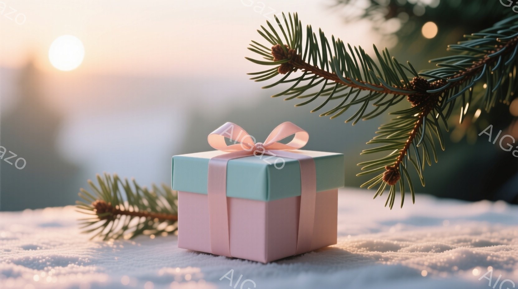 淡いピンクと水色のギフトボックスが雪の上に置かれています。背景には緑の松の枝が添えられ、遠くにはぼやけた景色と太陽の光が見えます。全体的に穏やかで温かい、冬の季節を思わせる雰囲気です。