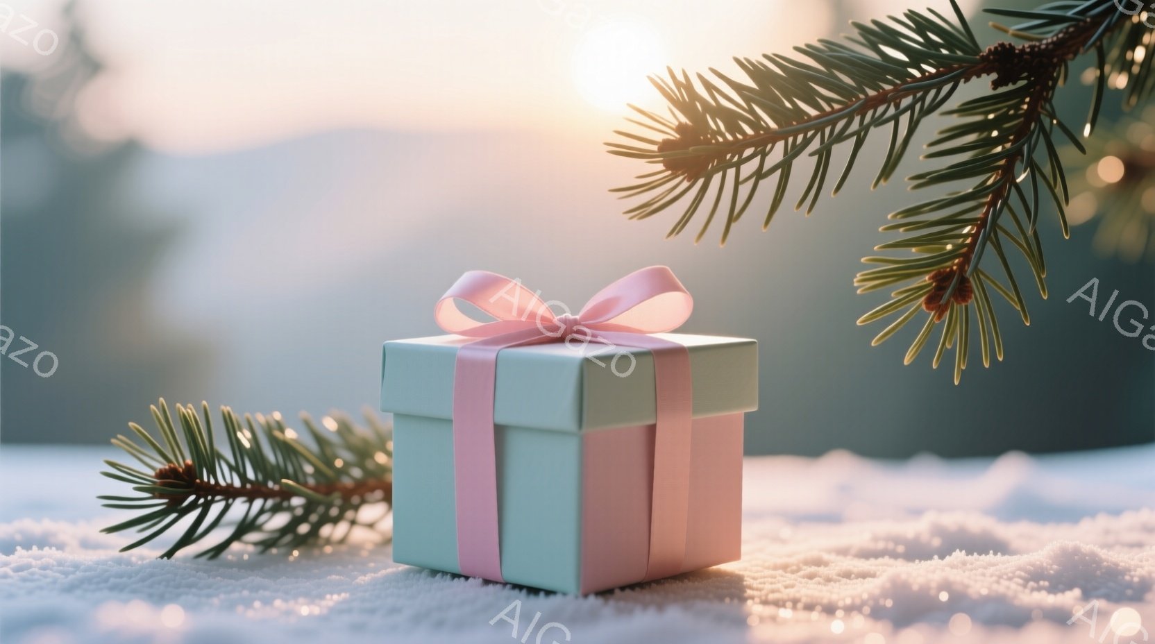 雪の上にラッピングされた小さなギフトボックスが置かれています。淡い水色とピンクの包装紙に、ピンクのリボンが可愛らしく結ばれています。背景はぼやけており、遠くには山々が見え、冬の穏やかな日没時の風景を思わせる、暖かく優しい雰囲気です。