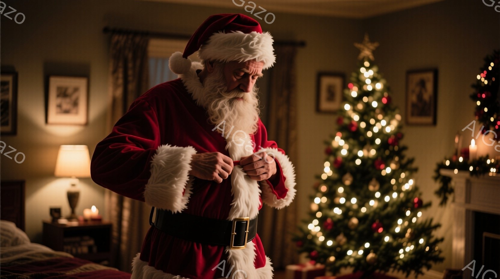白い長いひげと髪を持つサンタクロースが、赤い豪華な衣装を着ています。彼は部屋の中で腰のベルトを締めており、わずかに顔をしかめているようです。背景にはクリスマスツリーが飾られ、暖かく優しい家庭的な雰囲気が漂っています。
