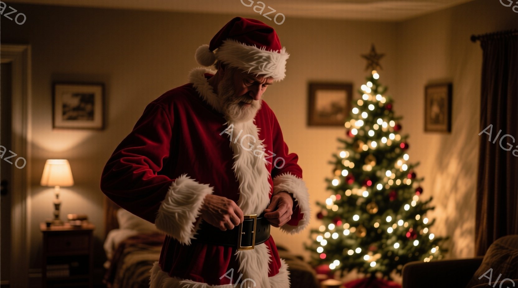 暖炉のあるリビングで、サンタクロースが赤いベルベットの衣装を身に着けてベルトを締めています。白髪で髭を生やした男性は少し疲れた表情で、クリスマスの飾り付けがされたクリスマスツリーが背景に見えます。室内は暖かく、落ち着いた雰囲気で、クリスマスを間近に感じさせます。